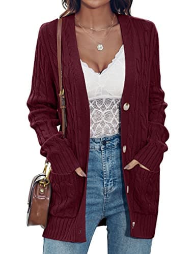 MEROKEETY Cardigan Sweater for Women 2026 Fall Winter Spring Cable Knit Button Up Open Front Long Sleeve Coat,Wine,L - Image 1