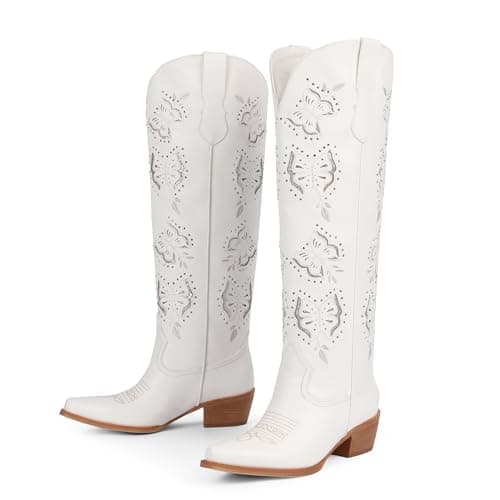 Easyfox White Cowboy Boots for Women Butterfly Embroidered Knee High Cowgirl Boots Chunky Heel Rhinestone Western Boot Pointed Toe Slip on Block Heel Cow Girl Boot Size 8.5 - Thumbnail 5