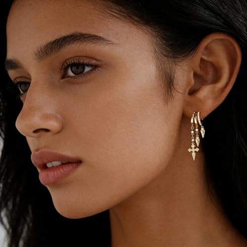 Gold Dangle Earrings for Women, 14k Gold Plated Statement Triple Hoop Illusion Gold Cross Earrings Cubic Zirconia Huggie Earrings for Women Trendy - Thumbnail 2