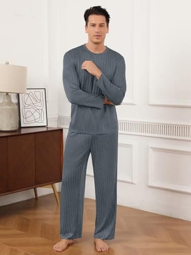 RQP Mens Pajama Set Soft Pijamas Sets for Men Long Sleeve Full Length Pants Pjs Sleepwear,Slate Grey - Thumbnail 3