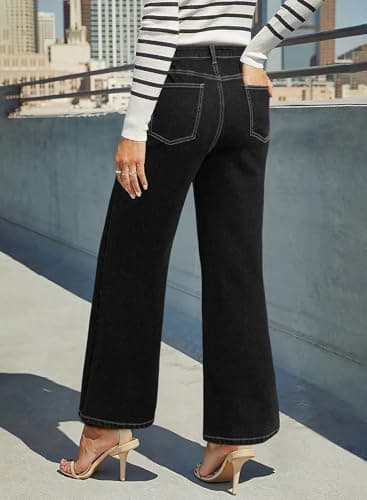 Dokotoo Women's Wide Leg Jeans High Waisted Stretchy Raw Hem Denim Pants Flare Jeans Denim Pants Stretchy Baggy Jeans Black Pants for Women Size 12 - Thumbnail 2