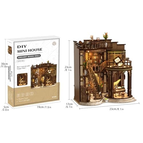 Havefunfun Dreamy Book Hall Book Nook Kit – DIY Miniature Dollhouse 3D Wooden Puzzle, Multi-Layer Vintage Library with LED Warm Light, Premium Imported Wood Bookends, Creative Gift for Adults & Teens - Thumbnail 2