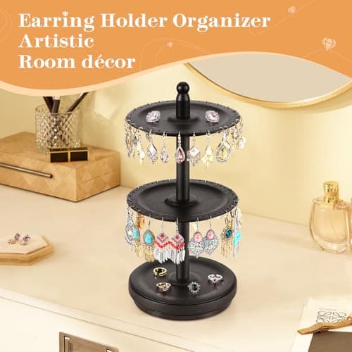 BNING Earring Holder Organizer, Rotating Solid Wood Earring Organizer Stand for Women Girls, 3-Tier Jewelry Holder Tree With 102 Holes for Display, Gifts for Her (Black) - Thumbnail 6