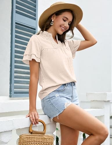 Aprolive Women's Butterfly Sleeve V Neck Shirts Boho Flowy Swiss Dot Blouses Dressy Casual Summer Top (A Apricot, XL) - Thumbnail 3