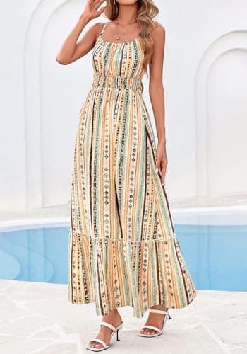 BTFBM Summer Dresses for Women 2026 Sundresses Sleeveless Spaghetti Strap Boho Beach Vacation Outfits Spring Maxi Dress(Print Green Yellow, XX-Large) - Thumbnail 4