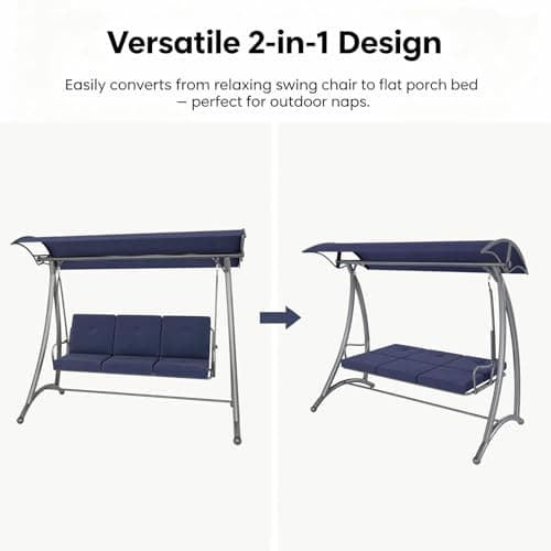 Outdoor Patio Swing, 3 Seat Porch Swing with Adjustable Canopy, Swing Chair for Backyard Garden Patio(Blue) - Thumbnail 3