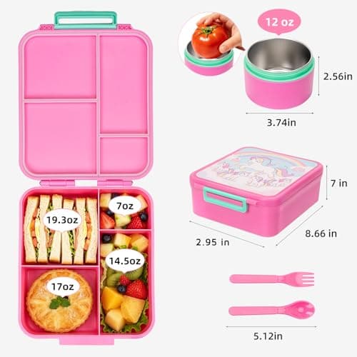 Kids Bento Lunch Box with 12oz Soup Thermo, 4 Compartments Leak Proof Lunch Box, Stainless Steel Insulated Food Jar for Girls Back to School, Daycare, Camping, Picnic, Unicorn Birthday Gifts for Girl - Thumbnail 3