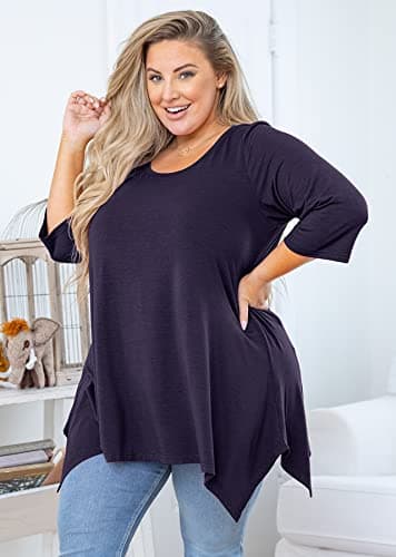 AusLook Plus Size Tops for Women 3/4 Sleeve Navy Blue 4X Crewneck Tunic Clothing Flowy Blouse Loose Fit Babydoll Summer Fall Winter Maternity Shirts Wear with Leggings - Thumbnail 2