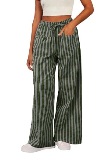Acelitt Women Casual Striped Color Block Pants Drawstring Elastic Waist 2026 Fall Fashion Comfy Loose Wide Leg Pants Trousers with Pockets Green Large