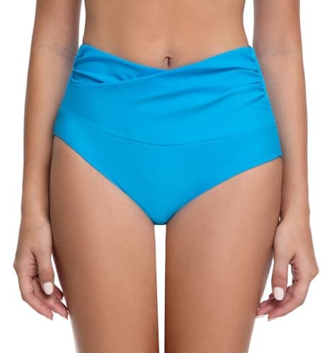 COCOPEAR V-Cross High Waisted Bikini Bottoms Tummy Control Full Coverage Bikini Bottoms for Women Blue XL - Image 1
