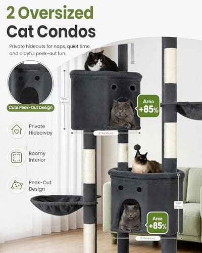 Extra Large Cat Tree, 84 Inch XXL Giant Cat Tower for Indoor Cats Large Adult 20lb+, Multi-Level Cat Climbing Condo with 5 Scratching Posts, 3 Wide Platform Perches, 2 Baskets, 2 Cat Caves - Thumbnail 3