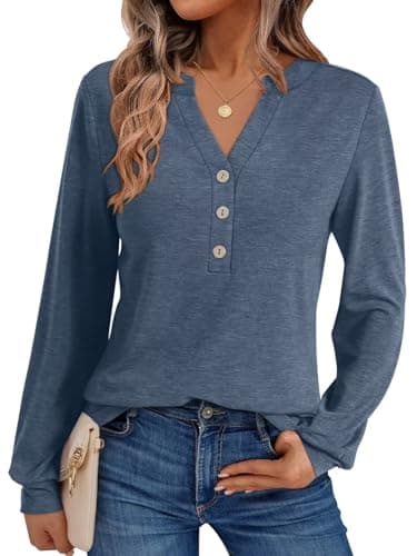 EasyGala Womens V Neck Long Sleeve Shirts Henley Dressy Casual Tops Loose Fit Trendy Tees Fall T Shirts Outfits 2025 Navy Blue - Image 1