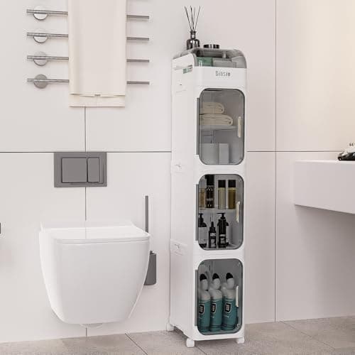 BINSIO 4-Tiers Toilet Paper Storage, Slim Bathroom Organizers and Storage, Bathroom Counter Organizer, Bathroom Organizer Storage Cabinet, Portable Laundry Room Organization, Plastic White Clear Doors - Thumbnail 2