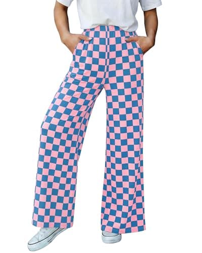 BTFBM Womens Checkered Palazzo Pants Wide Leg High Waisted Pockets Gingham Casual Lounge Pajama Trousers Summer Outfits(Plaid Blue Pink,Large) - Image 1
