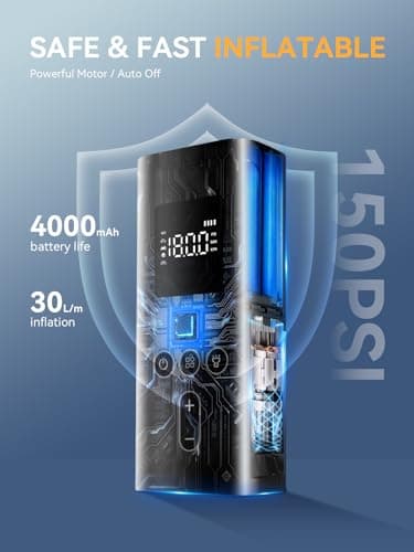 AIRSURE Tire Inflator Portable Air Compressor, 150 PSI Fast Inflation Cordless Air Pump with LED Light, Auto Shut-Off, Rechargeable Battery for Car, Motorcycle, Bike, and Sports Balls - Thumbnail 3