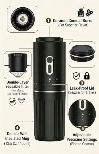 All-in-one Pour Over Coffee Maker Portable Electric Burr Coffee Grinder, Rechargeable Coffee Bean Grinder Conical Burr, Battery Powered Cordless Portable Coffee Maker for Travel, Camping, Car - Thumbnail 2