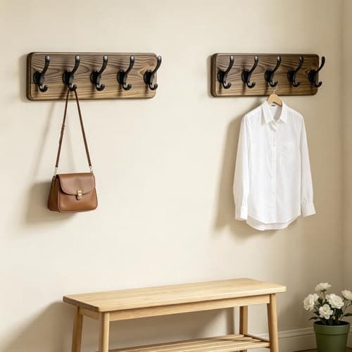 Dellicasi 17" Coat Rack Wall Mount, Rustic Wall Mounted Coat Rack, Pine Solid Wood Coat Hook Hanger with 5 Metal Hooks- Wall Coat for Hanging Clothes Key Robes Towels Coats - Thumbnail 3