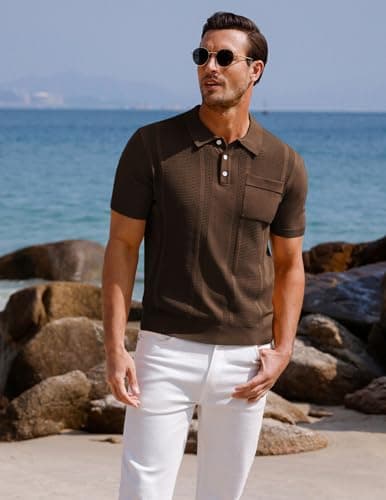 GRACE KARIN Mens Retro Polo Shirt Short Sleeve Coffee Knit Polo Shirts Casual Breathable Waffle Texture Knitted Polo Shirts L - Thumbnail 2