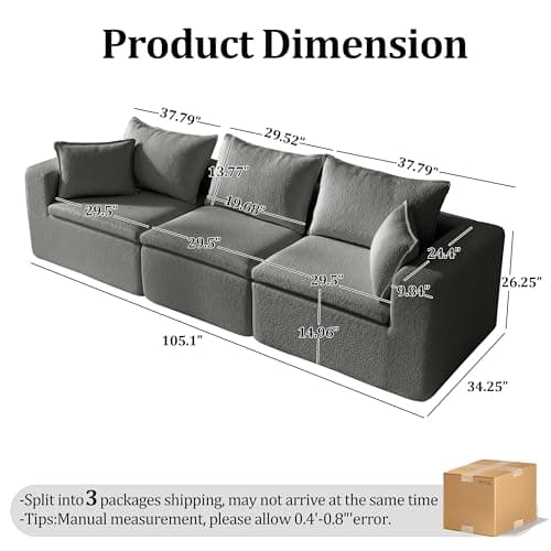 105" Modular Sectional Sofa, Cloud Boneless Couch with Layered Cushion, 3 Seaters Flexible Module Sofa Convertible L Shaped Couches Combination for Living Room and Office(Gray, 105" 3 Seaters) - Thumbnail 2