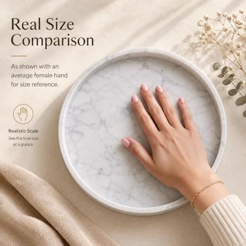 Apasqro Carrara White Marble Tray Round 10 Inch, Natural Stone Perfume & Dessert Tray, Elegant Serving & Display Plate for Home, Vanity, 2 cm Deep, Non-Slip Base - Thumbnail 2