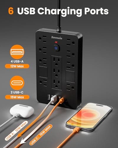 Bawmwim Surge Protector Power Strip - 11 Outlets(1850W/15A) with 6 USB Ports(2 USB C), 6FT Flat Plug Extension Cord, Wall Mount, Black, ETL Listed for Home, Dorm Room - Thumbnail 5