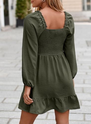 Dokotoo Womens Elegant Dresses 2026 Fashion Crewneck Long Sleeve Empire Waist Dress Casual Ruffle Trim Smocked Flowy Mini Dress Green Small - Thumbnail 2