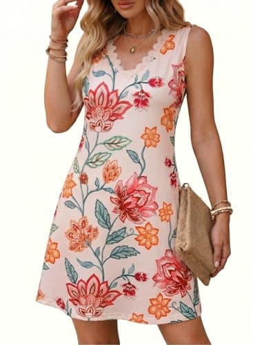 Dokotoo Short Sundresses for Women Sexy V Neck 2026 Summer Fashion Lace Sleeveless Dress Casual Loose Flowy Swing Vacation Dress Floral Boho Beach Dresses White Small - Image 1