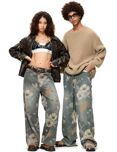 Aelfric Eden Plant Flower Print Baggy Jeans Men Harajuku Wide Leg Jeans Y2k Hip Hop Boyfriend Denim Pants Blue - Thumbnail 2