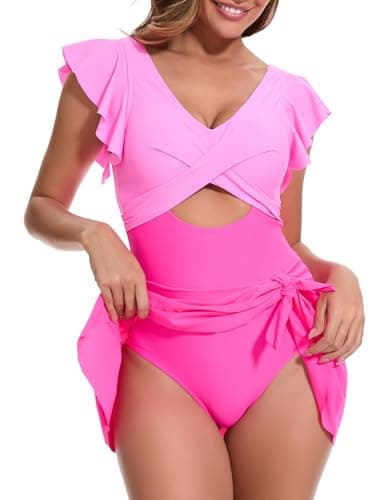 MFAVIP Women One Piece Swim Dress Tummy Control Swimsuits V Neck Ruffle Bathing Suit Cutout Wrap Side Tie Swimwear with Skirt Pink - Thumbnail 3