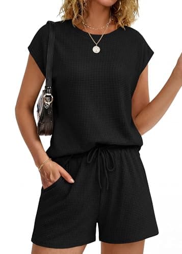KIRUNDO Short Sets For Women 2026 Summer Cap Sleeve Two Piece Set Waffle Knit Matching Lounge Drawstring Vacation Outfits(Black, Medium) - Image 1