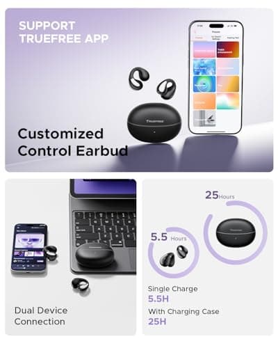 truefree B1 Open-Ear Wireless Earbuds, Bluetooth 5.4 Headphones with Spatial Audio, Ultra-Light Clip-On Fit, 25H Battery, Fast Charging, Multipoint Connection, App Customization, Workouts, Commute - Thumbnail 5