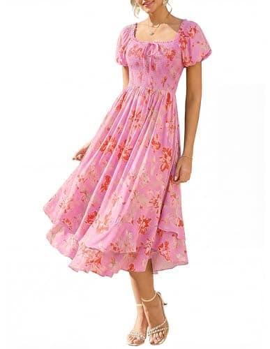 GRACE KARIN Womens Summer Floral Maxi Dress 2026 Flowy Wedding Guest Dress A Line Boho Dresses Fashion Clothing with Pockets Pink Red Floral M - Image 1