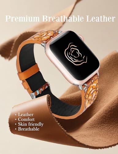 Moolia Floral Leather Band Compatible with Apple Watch Band 49/46/45/44/42mm Women, Cute Romantic Vintage Rose Pattern Strap for iWatch Series 11 10 9 8 7 6 5 4 3 2 1 SE/Ultra(1/2/3), Light Brown - Thumbnail 4