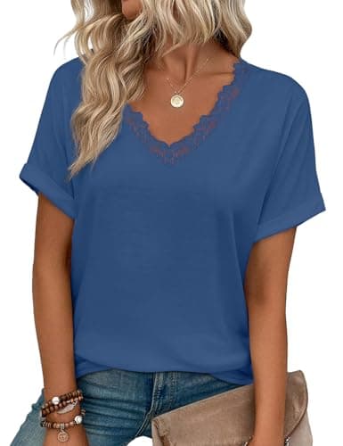 JUSTFASHIONNOW Womens Summer Tops Short Rolled Sleeve V Neck Tshirts 2026 Casual Dressy Business Work Blouses(Blue XX-Large) - Image 1