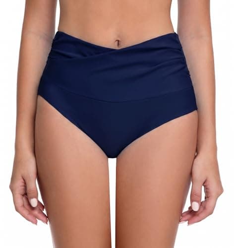 COCOPEAR V-Cross High Waisted Bikini Bottoms Tummy Control Full Coverage Bikini Bottoms for Women Navy Blue 2XL - Image 1