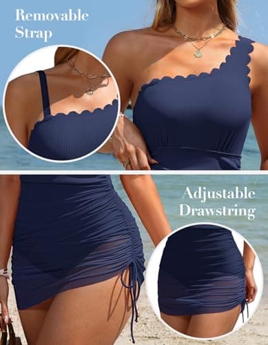 Charmo Swimsuit for Women Modest Scalloped One Shoulder Swimsuit Dress Ribbed Bathing Suit Sheer Shirt Navy XL - Thumbnail 6