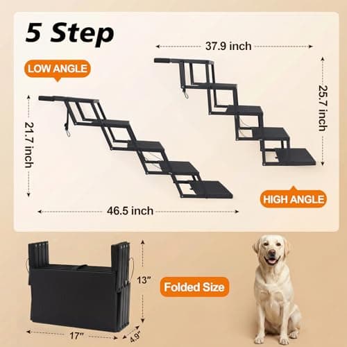 Dog Stairs for Car, Foldable Dog Steps for Large Dogs, 5-Step Ultra-Lightweight Non-Slip Dog Ramps Supports Up to 200 lbs, Suitable for SUV,Truck, Sofas, Bed - Thumbnail 2