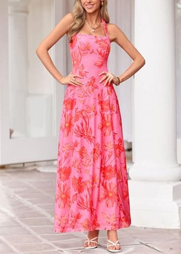 KIRUNDO Women's Summer Sleeveless Halter Floral Maxi Dress 2026 Beach Wedding Guest Cocktail Mesh Flowy A Line Long Sundress(Pink, Medium) - Thumbnail 6