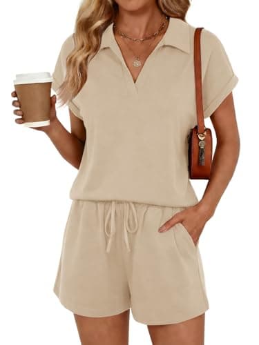 Yousify 2 Piece Sets for Women Cap Sleeve V Neck Lapel Tops and Drawstring Shorts Summer Casual Outfits Sleepwear 2026 - Image 1