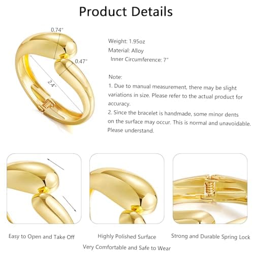 Gold Silver Chunky Bangles Bracelet for Women Trendy, 14K Gold Plated 2 Pcs Dainty Thick Cuff Bracelet Stack - Thumbnail 4