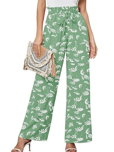 Heymoments Women's Wide Leg Pants with Pockets White Flower Green X-Large Lightweight High Waisted Tie Knot Paperbag Dressy Palazzo Loose Paper Bag Comfy Business Casual Work Flowy Trousers - Image 1