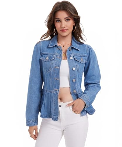 J.Corrine Womens Denim Jacket Peplum Ruffle Hem Jeans Jacket Button Down Casual Trendy Puff Long Sleeve Jean Jackets Blue L - Thumbnail 2