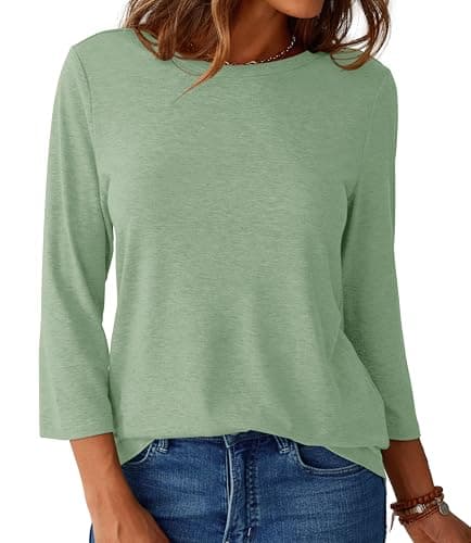 GKBK Womens Tops 3/4 Sleeve Shirts Round Neck Casual Blouses Basic Loose Fit Pullover Tshirts Light_Green L - Thumbnail 6