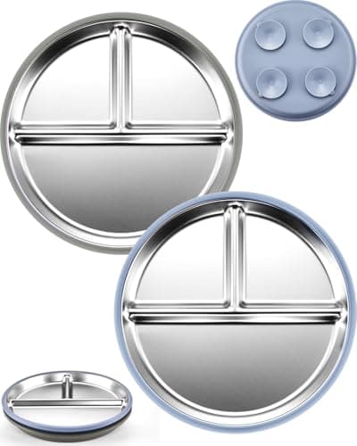 MIMORE Stainless Steel Kids Plates - 2 Pack 9.25" Stainless Steel Baby Plates with Suction - Non Toxic & BPA Free (Navy Blue & Olive Green) - Image 1