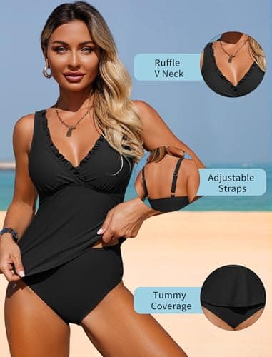 ZAFUL Womens Tummy Control Bathing Suits Modest Swimsuits Two Piece Tankini Top with High Waisted Bottom Black M - Thumbnail 5