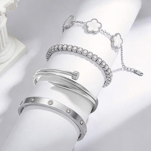 JINDETAI Stackable Silver Bracelets for Women - 3/4/5 Sets, Non-Tarnish Stainless Steel & Sterling Silver Trendy Stackable Bangle Jewelry Set, Gifts for Valentine's Day, Birthday, Prom and Christmas - Thumbnail 5