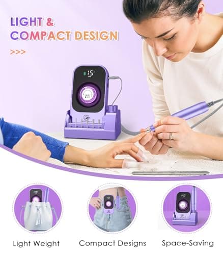 Portable Electric Nail Drill Machine: Professional Nail File Machine 40000RPM, Rechargeable Cordless Nail-E File with Bits & Base for Acrylic Nails Remove Gel Polish Manicure Salon Home, Light Purple - Thumbnail 5