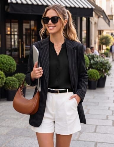 Zelroxa Womens Black 3/4 Sleeve Button Down Up Dress Shirts Business Casual Professional Work Tops 2026 Summer V Neck Guaze Office Loose Fit Blouse Trendy Outfits Clothing - Thumbnail 3
