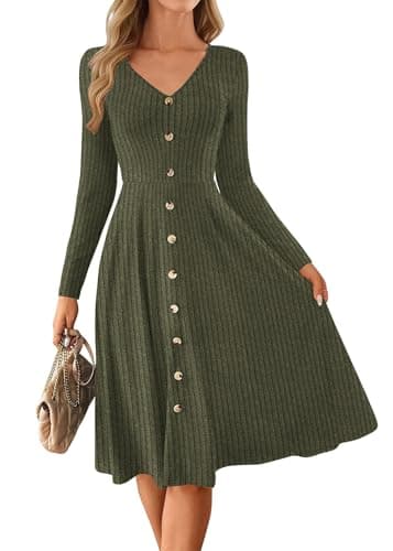 Lazysmile Long Sleeve Fall Winter Dresses for Women V Neck Button Down A Line Swing Casual Knit Sweater Dress Army Green - Image 1