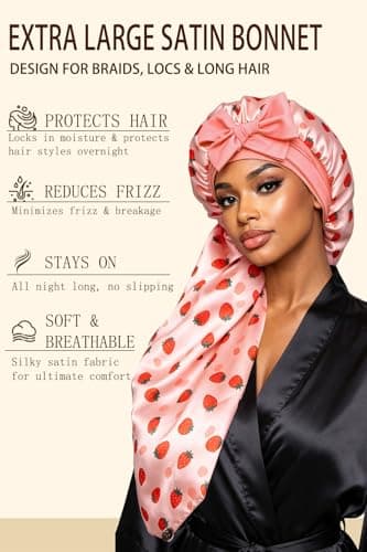 Vettres Extra Large Satin Bonnet for Braids & Locs, No Slip Tie Band Stays On All Night, Silky Sleep Cap Won’t Flatten Hair Strawberries - Thumbnail 2